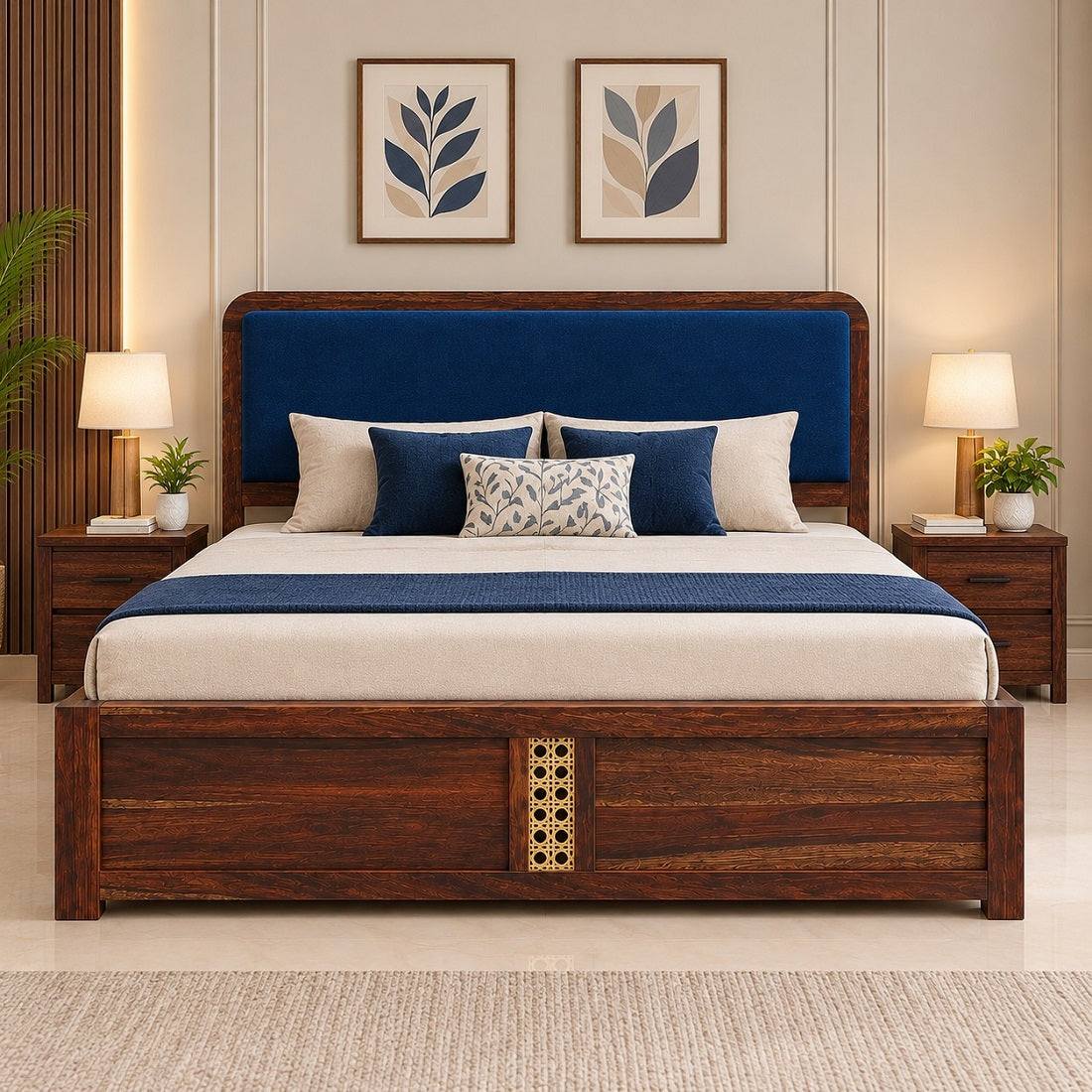 Solid Wood King Size Bed With Hydraulic Storage Upholstered Headboard Teak Finish Fabric D152
