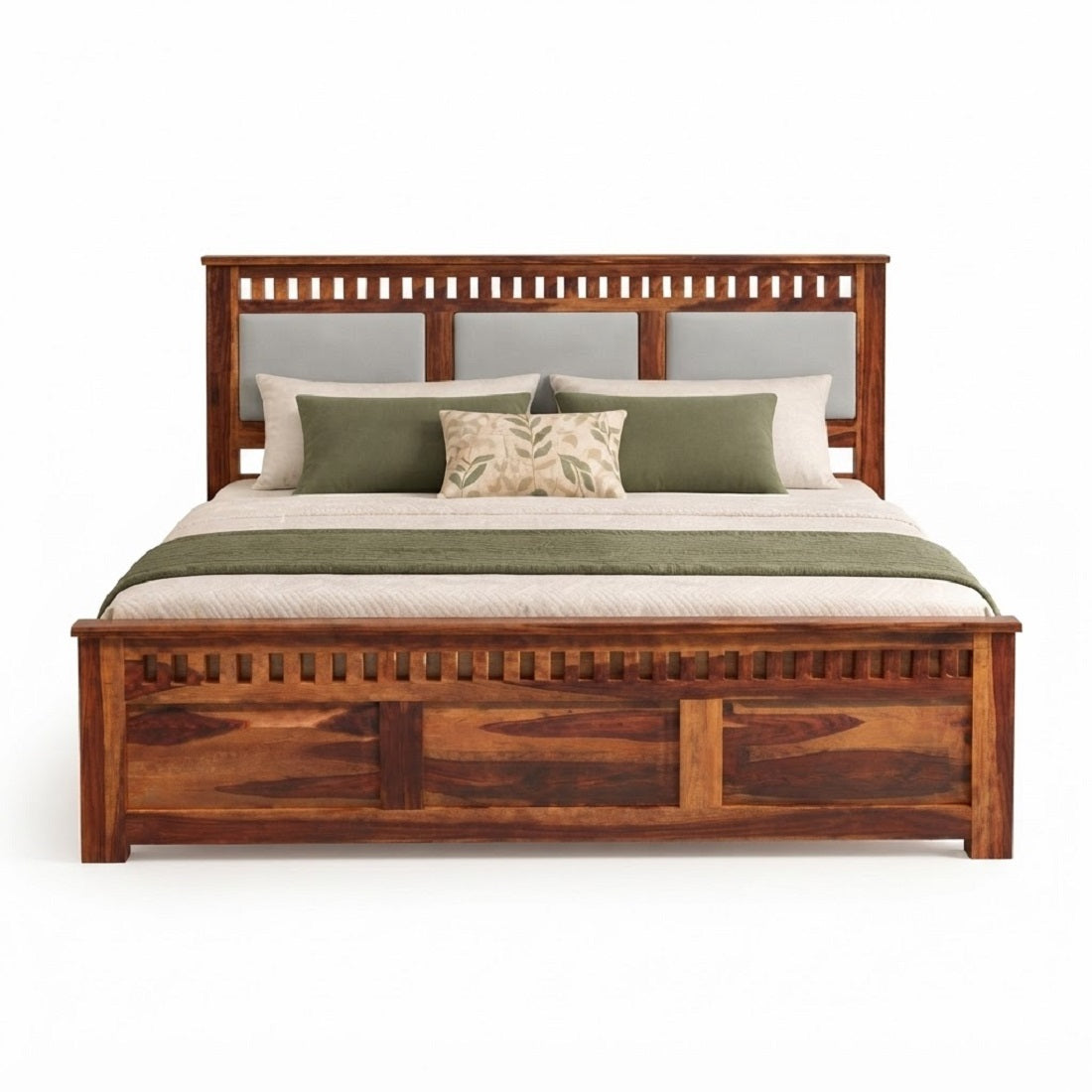 Homerange Solid Wood King Size Bed with Box Storage, Upholstered Paneled Headboard , Teak Finish , Fabric D151