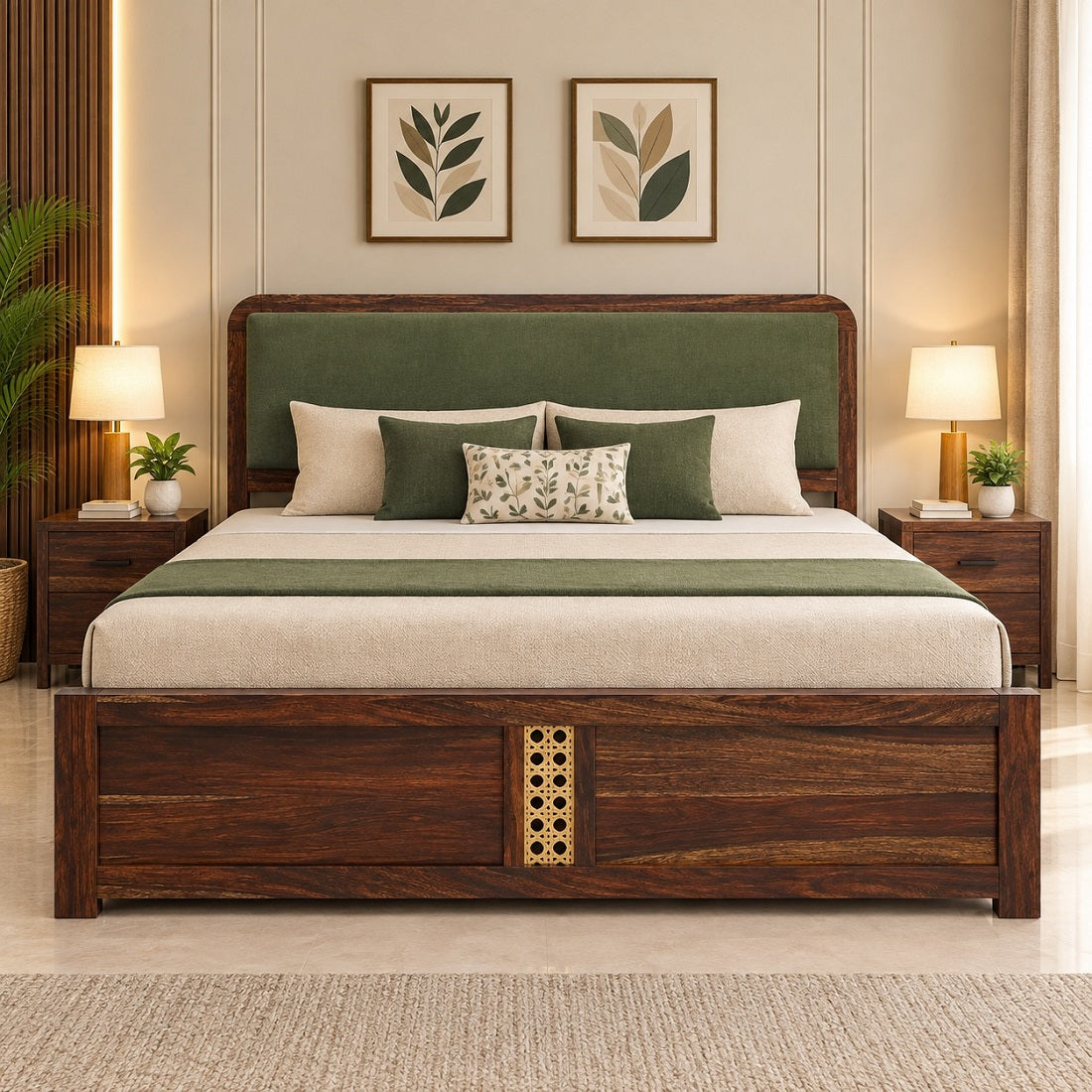 Solid Wood King Size Bed With Hydraulic Storage Upholstered Headboard Teak Finish Fabric D150