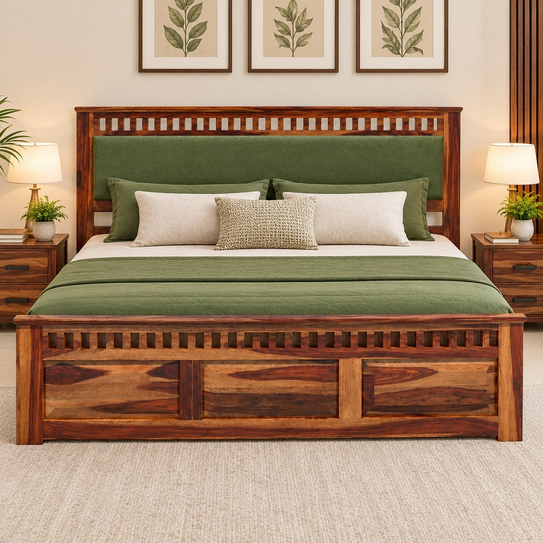 Homerange Solid Wood King Size Bed with Box Storage, Upholstered Headboard , Teak Finish , Fabric D150
