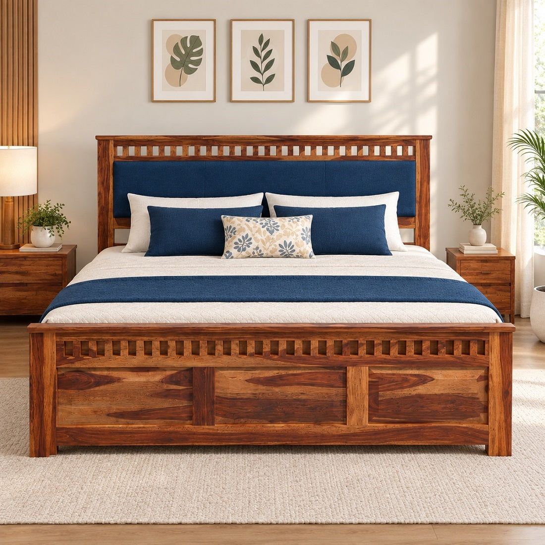 Homerange Solid Wood King Size Bed with Box Storage, Upholstered Headboard , Teak Finish , Fabric D152