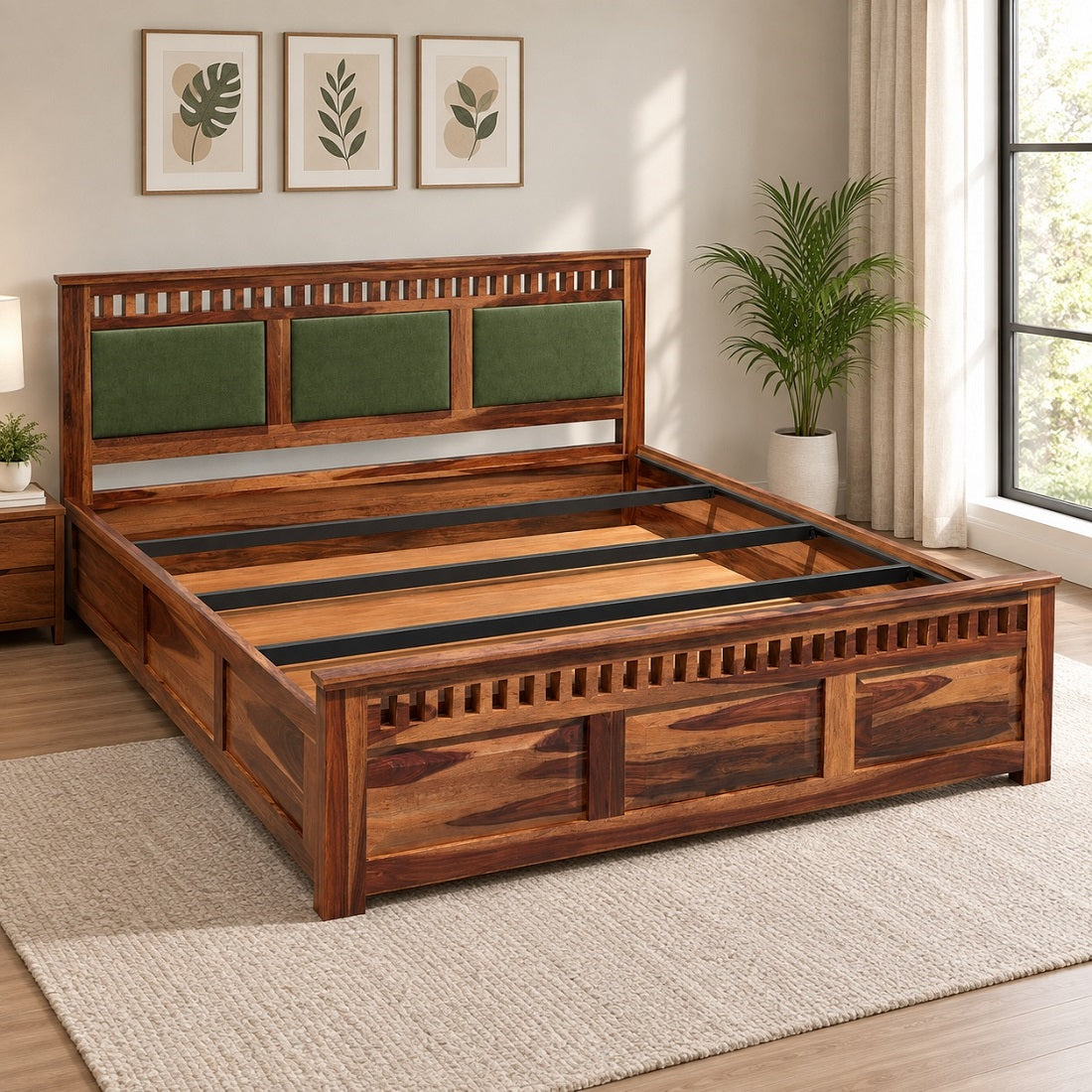 Homerange Solid Wood King Size Bed with Box Storage, Upholstered Paneled Headboard , Teak Finish , Fabric D150