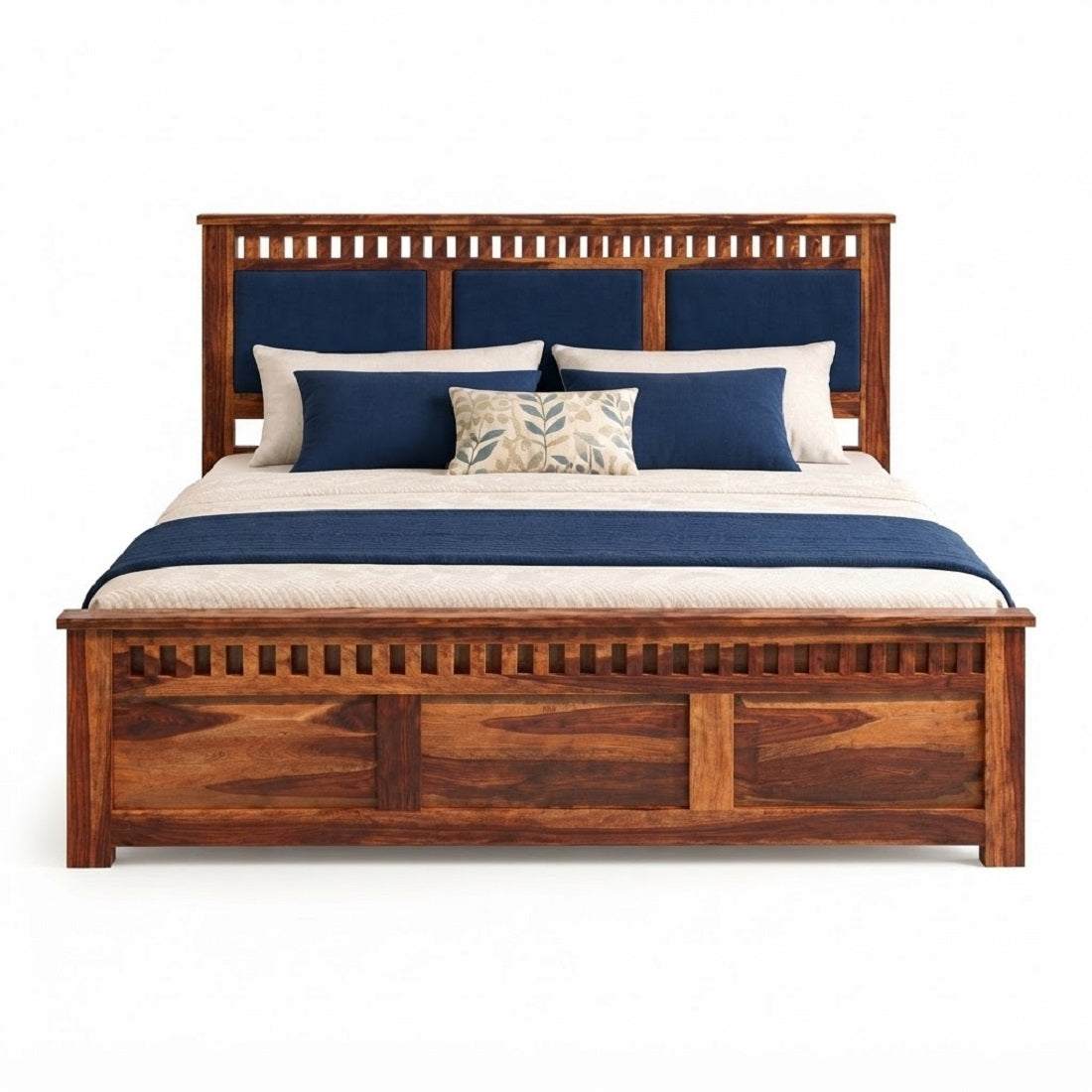 Homerange Solid Wood King Size Bed with Box Storage, Upholstered Paneled Headboard , Teak Finish , Fabric D152
