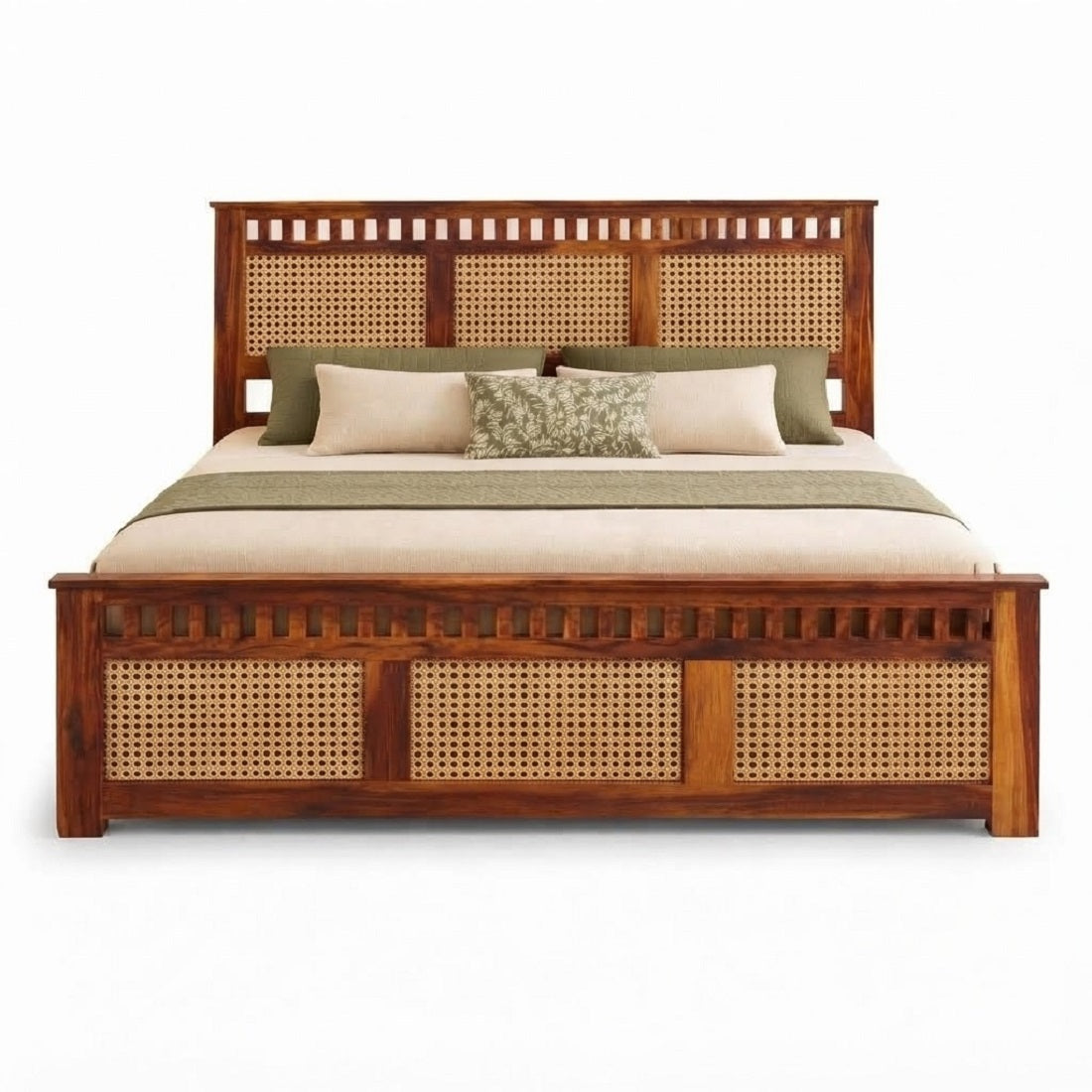 Homerange Solid Wood King Size Bed with Box Storage, Caning Design Headboard , Teak Finish