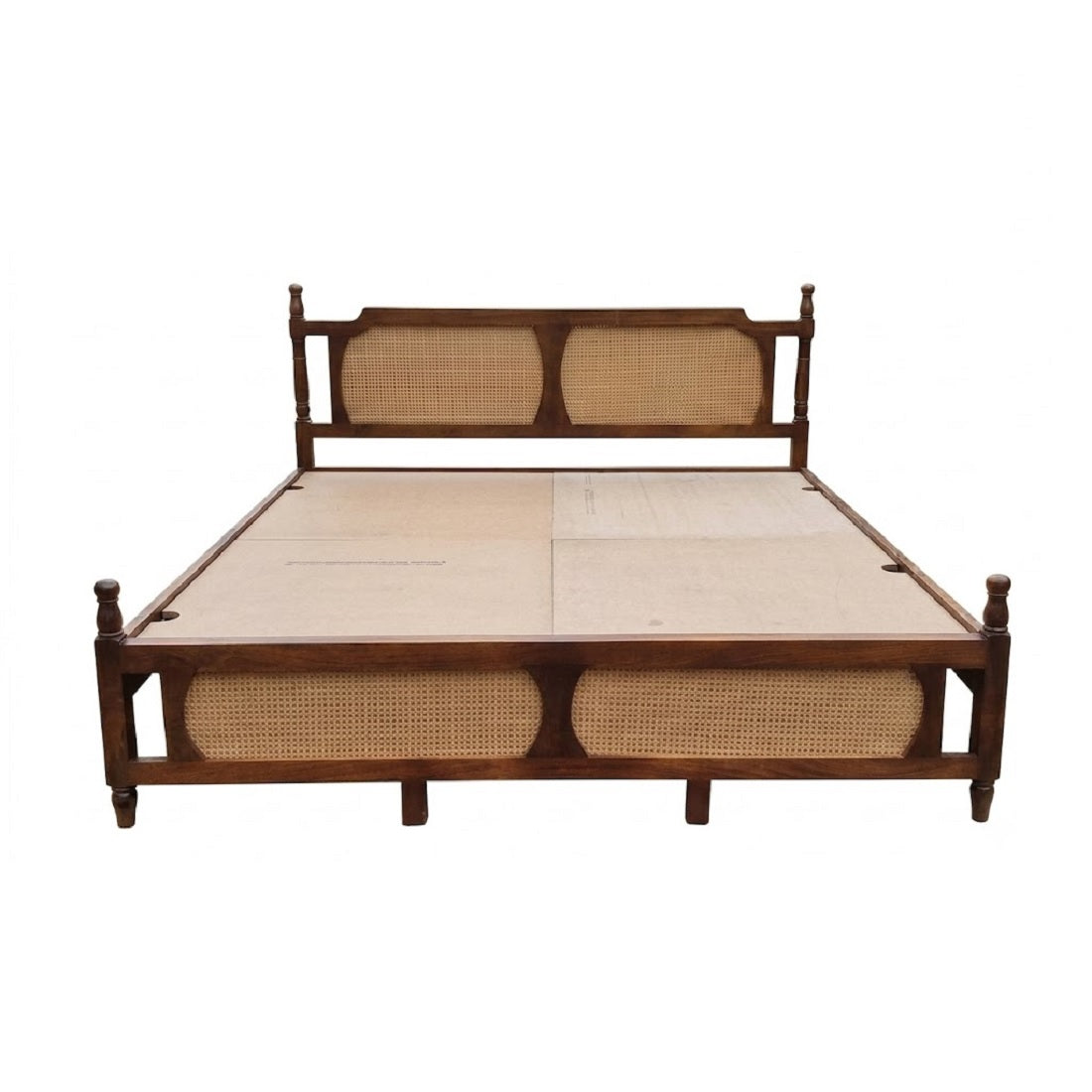 Solid Wood King Bed Cane Designed Headboard For Bedroom