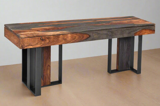 Roster Sheesham Wood Bench Table With Natural Gray Finish For Dining Room