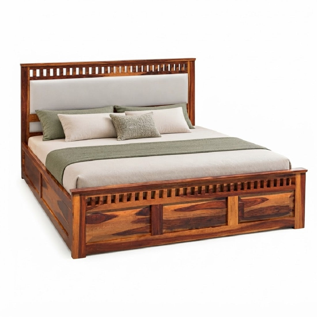 Homerange Solid Wood King Size Bed with Box Storage, Upholstered Headboard , Teak Finish , Fabric D151