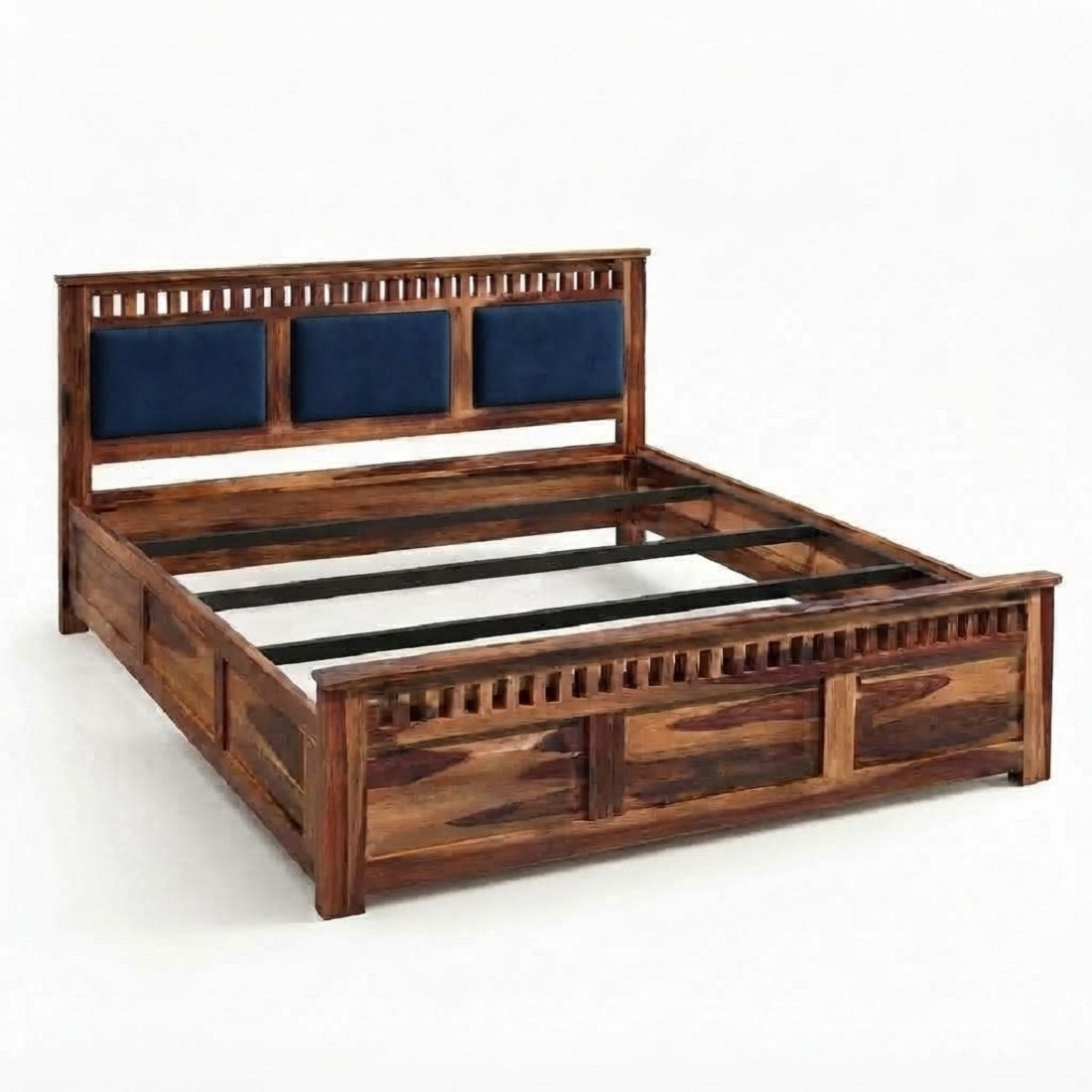 Homerange Solid Wood King Size Bed with Box Storage, Upholstered Paneled Headboard , Teak Finish , Fabric D152