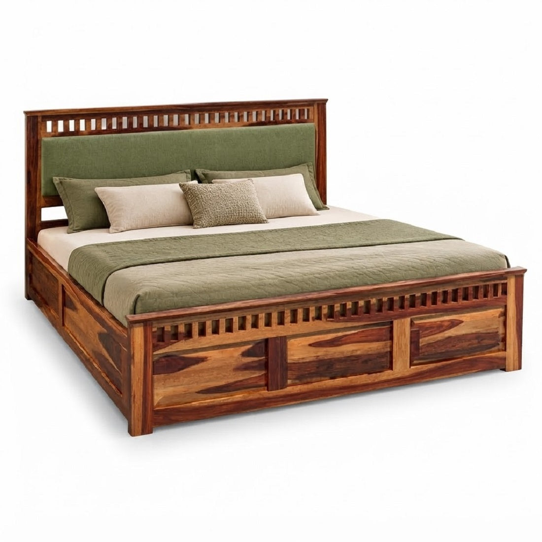 Homerange Solid Wood King Size Bed with Box Storage, Upholstered Headboard , Teak Finish , Fabric D150
