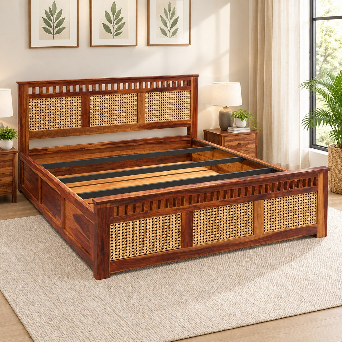 Homerange Solid Wood King Size Bed with Box Storage, Caning Design Headboard , Teak Finish