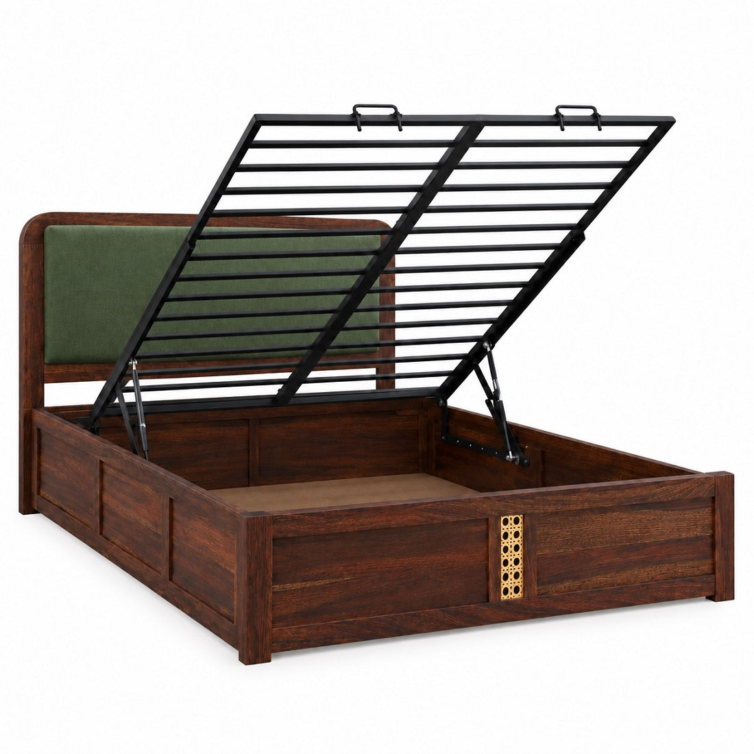 Solid Wood King Size Bed With Hydraulic Storage Upholstered Headboard Teak Finish Fabric D150