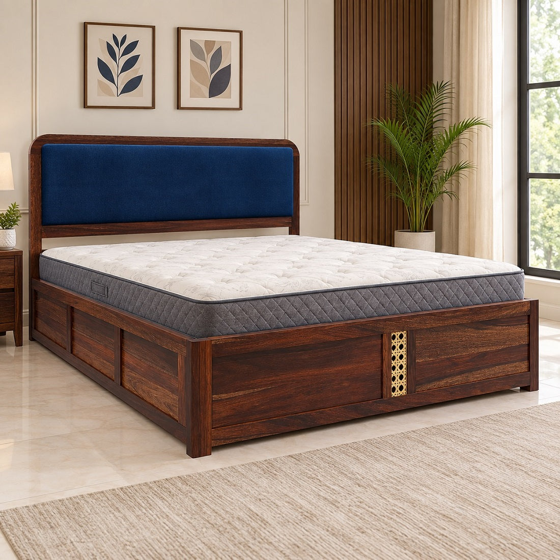 Solid Wood King Size Bed With Hydraulic Storage Upholstered Headboard Teak Finish Fabric D152