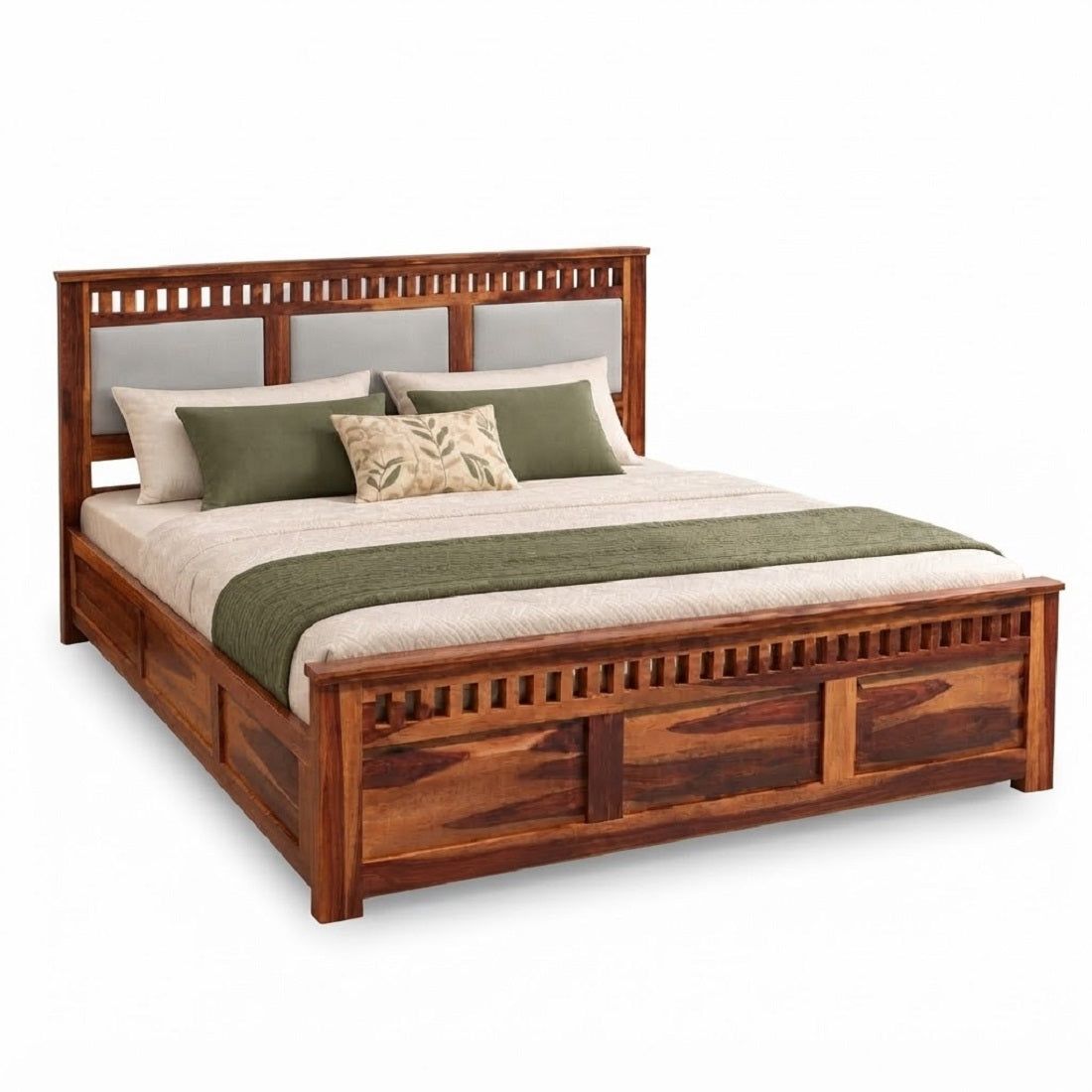 Homerange Solid Wood King Size Bed with Box Storage, Upholstered Paneled Headboard , Teak Finish , Fabric D151