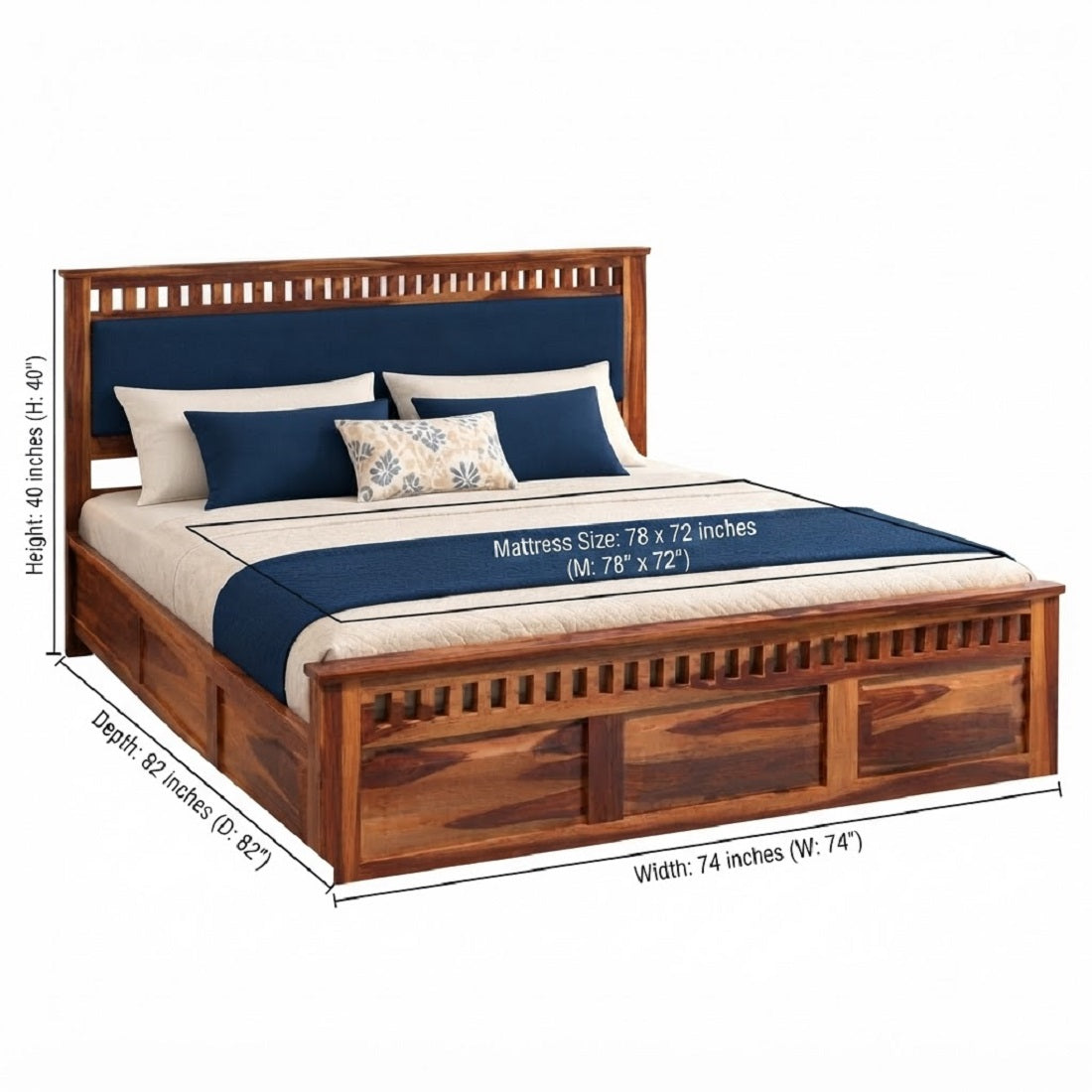 Homerange Solid Wood King Size Bed with Box Storage, Upholstered Headboard , Teak Finish , Fabric D152