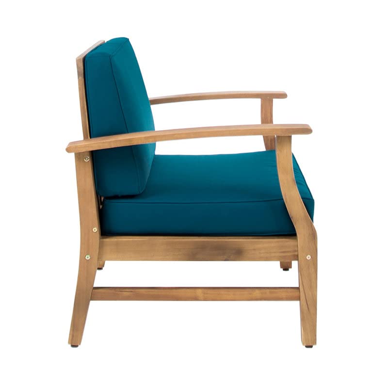 Demiwall Solid Wood Club Chairs with Teak Finish and Blue Cushions and Green