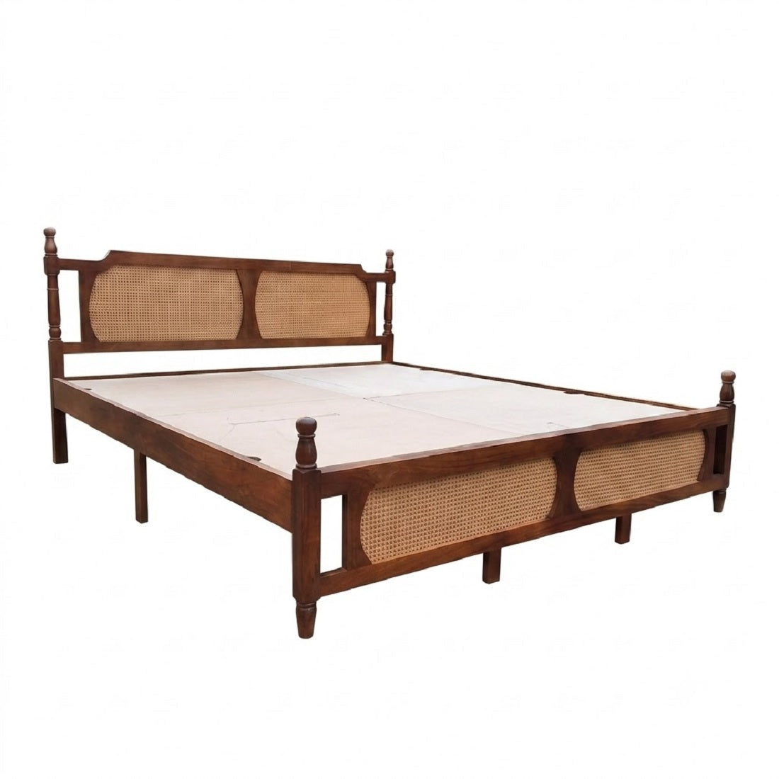 Solid Wood King Bed Cane Designed Headboard For Bedroom