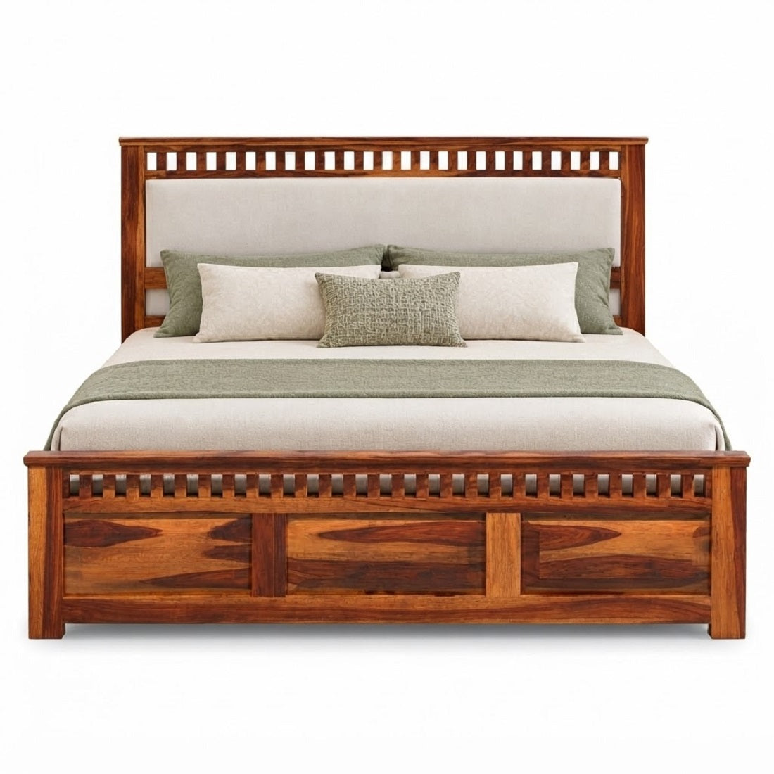 Homerange Solid Wood King Size Bed with Box Storage, Upholstered Headboard , Teak Finish , Fabric D151