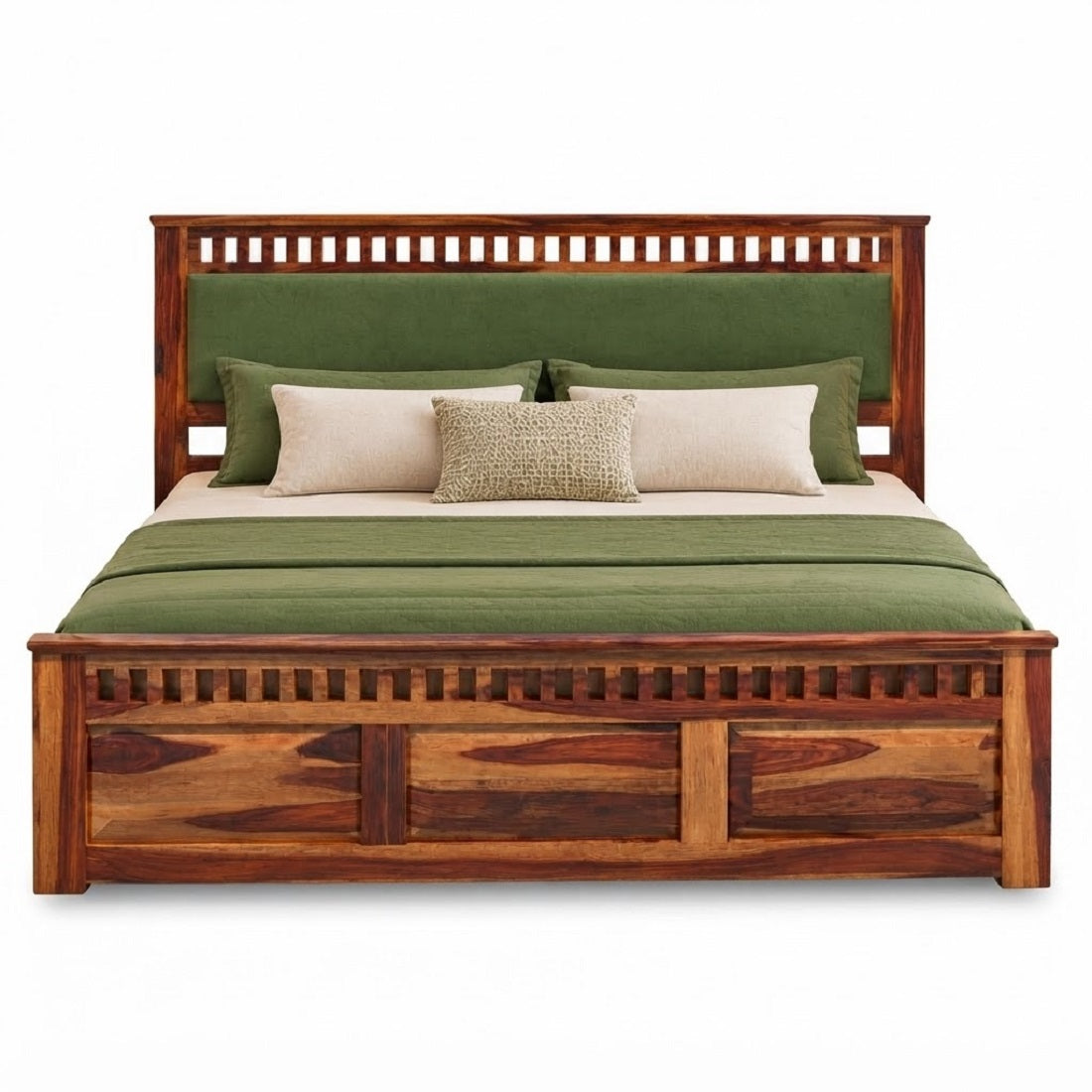Homerange Solid Wood King Size Bed with Box Storage, Upholstered Headboard , Teak Finish , Fabric D150