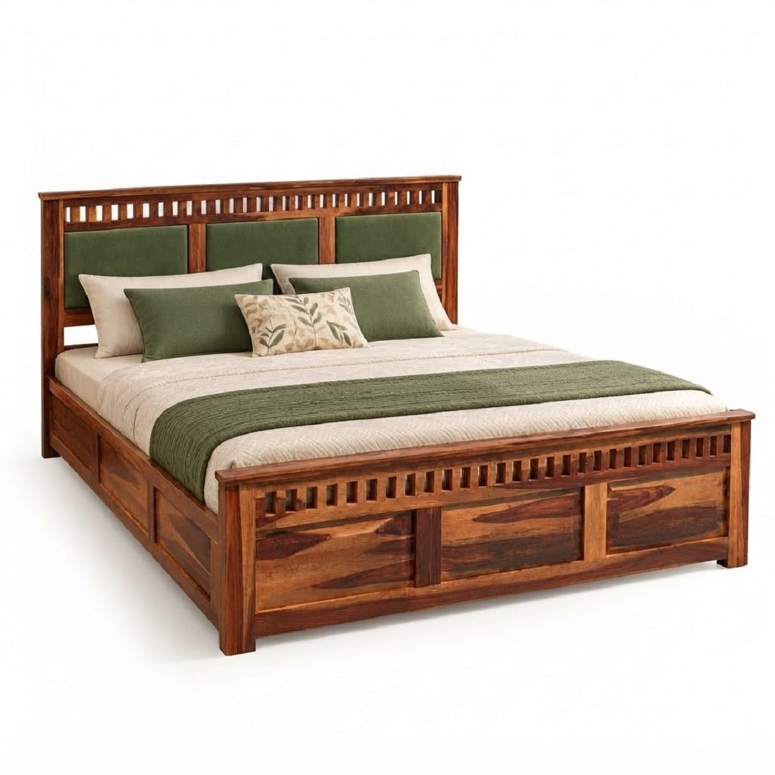 Homerange Solid Wood King Size Bed with Box Storage, Upholstered Paneled Headboard , Teak Finish , Fabric D150