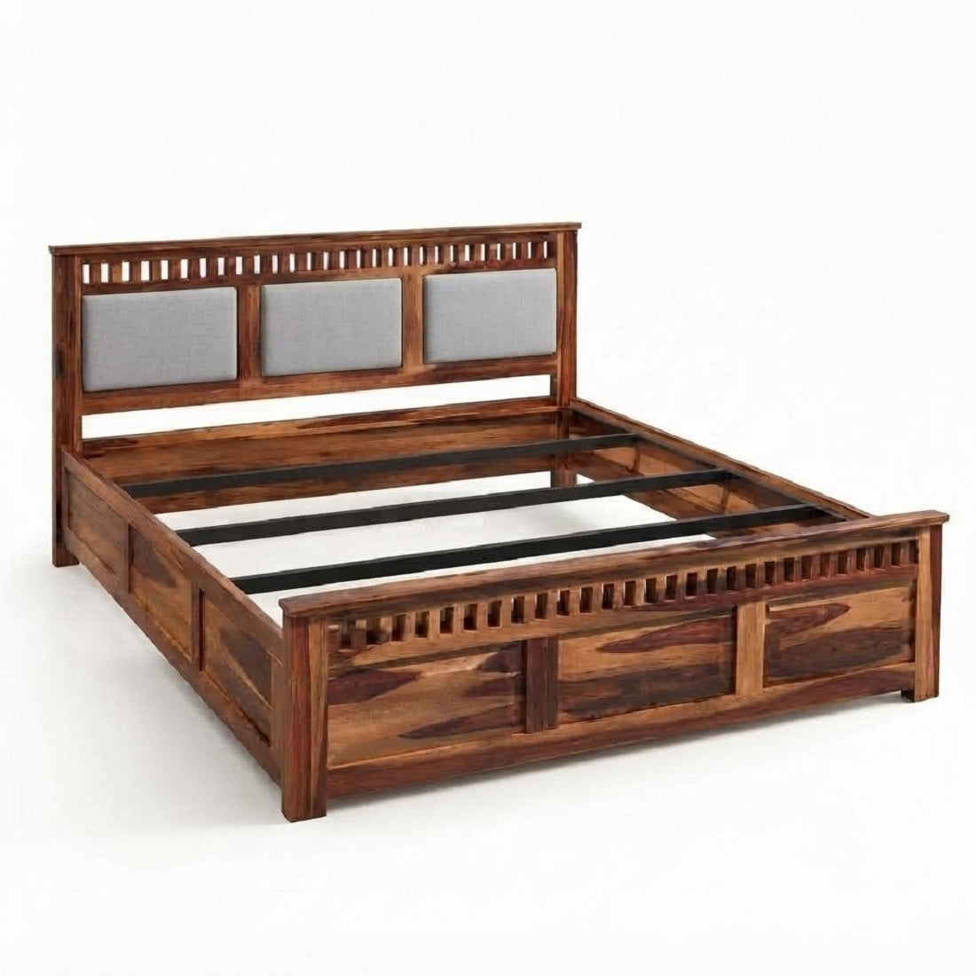 Homerange Solid Wood King Size Bed with Box Storage, Upholstered Paneled Headboard , Teak Finish , Fabric D151