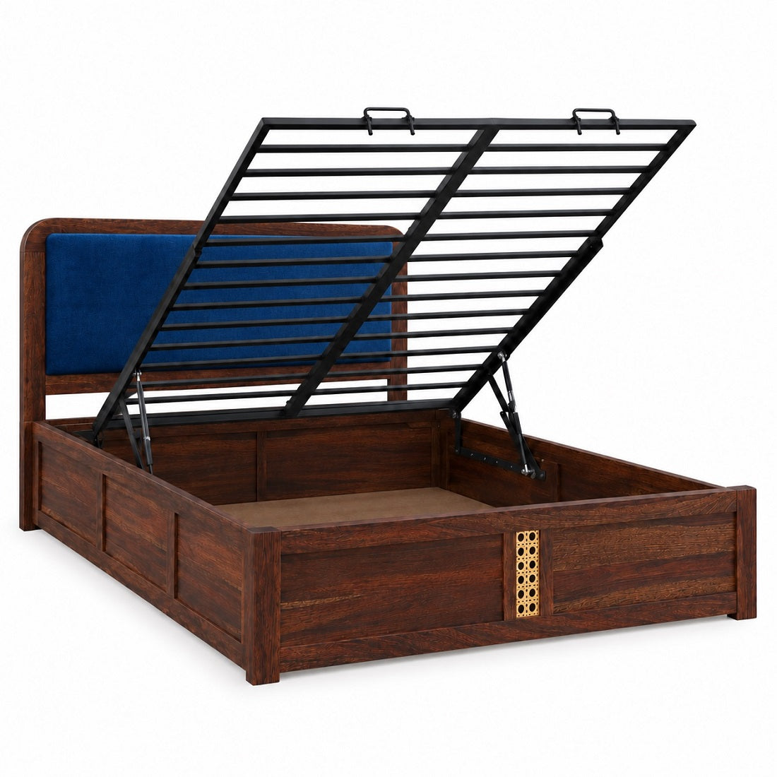 Solid Wood King Size Bed With Hydraulic Storage Upholstered Headboard Teak Finish Fabric D152