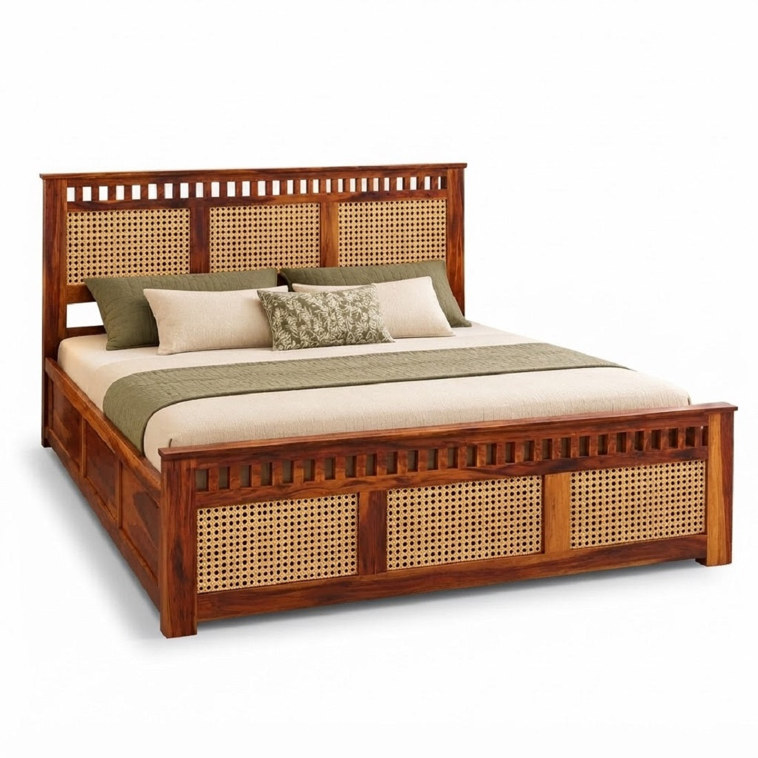 Homerange Solid Wood King Size Bed with Box Storage, Caning Design Headboard , Teak Finish