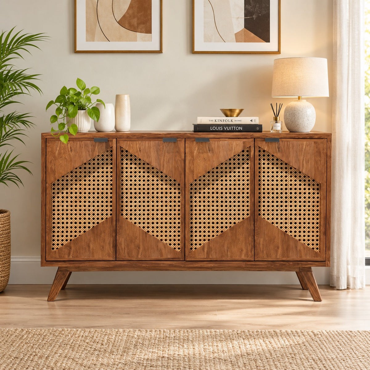 A mid-century modern wooden sideboard cabinet with woven cane panel doors, styled in a bright living room setting with a lamp, books, and plants.