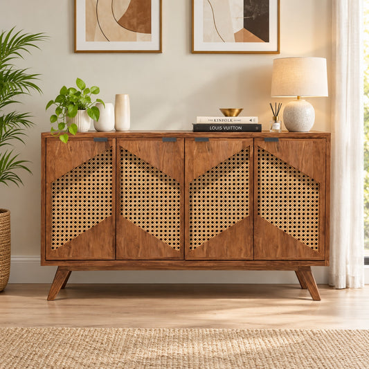 A mid-century modern wooden sideboard cabinet with woven cane panel doors, styled in a bright living room setting with a lamp, books, and plants.