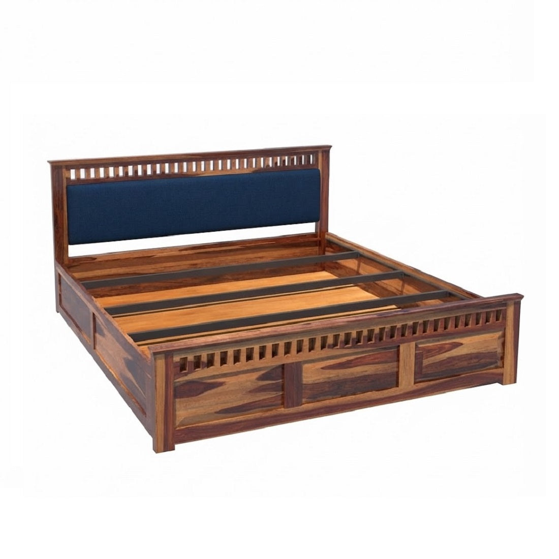 Homerange Solid Wood King Size Bed with Box Storage, Upholstered Headboard , Teak Finish , Fabric D152