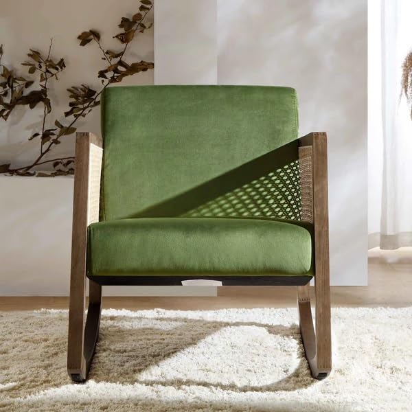 Roman Wooden Rattan Arm Chair Teak Wood Armchair for Living Room Bedroom (Dark Walnut) Mid-Century Modern Velvet Accent Chair