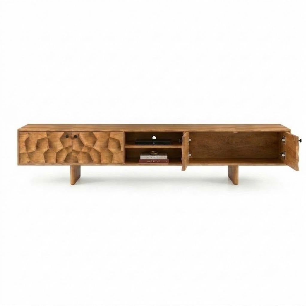 Tokshi Solid Wood 4 Door Tv Cabinet In Natural Finish