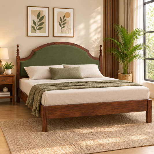 Demiwall Soild Wood King Size Bed | 3 Year Warranty | Teak Finish Bed | Cushion Headboard Bed