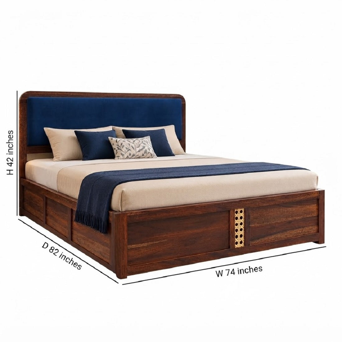 Solid Wood King Size Bed With Hydraulic Storage Upholstered Headboard Teak Finish Fabric D152