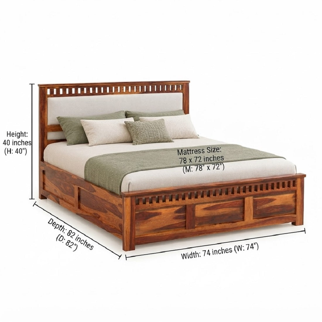 Homerange Solid Wood King Size Bed with Box Storage, Upholstered Headboard , Teak Finish , Fabric D151