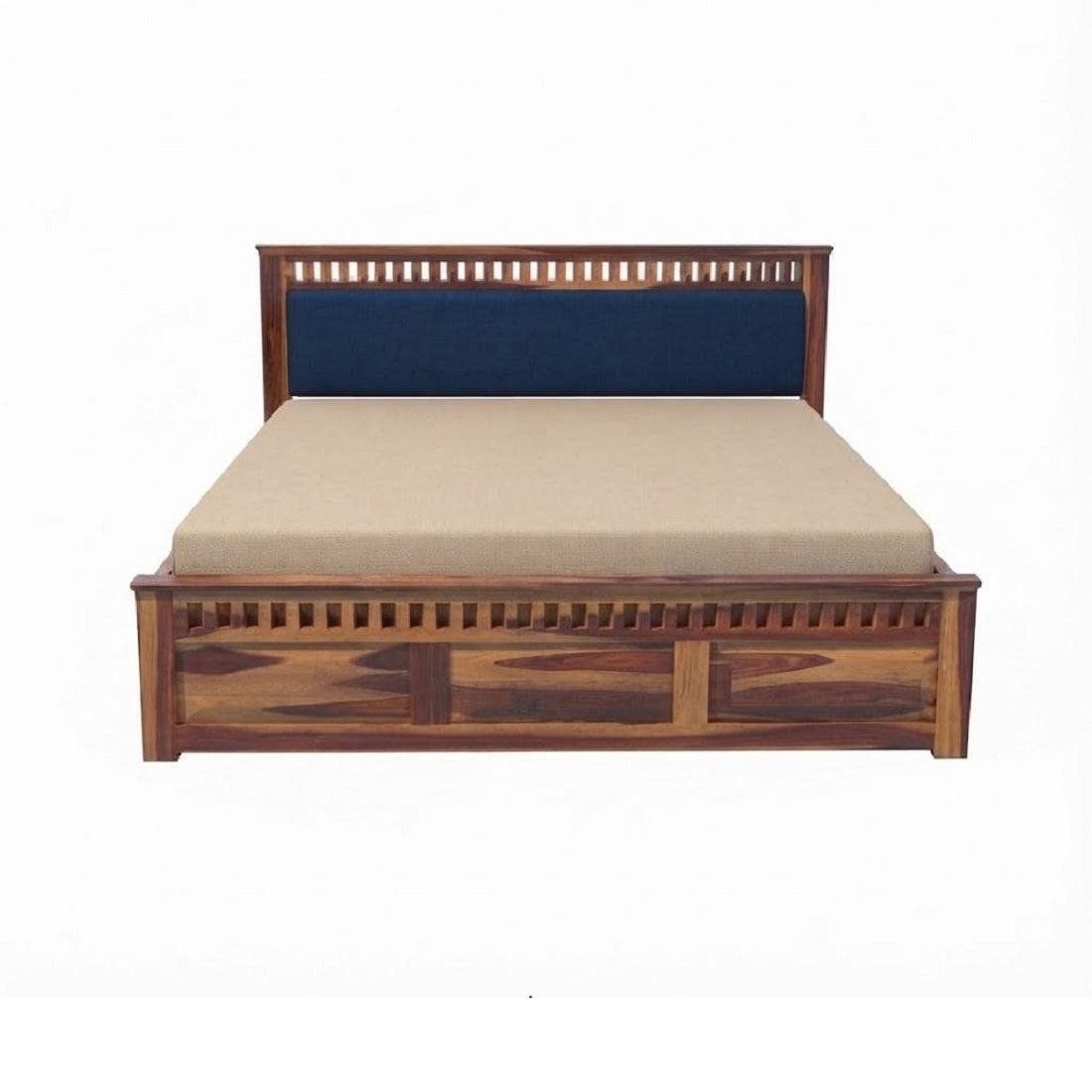 Homerange Solid Wood King Size Bed with Box Storage, Upholstered Headboard , Teak Finish , Fabric D152