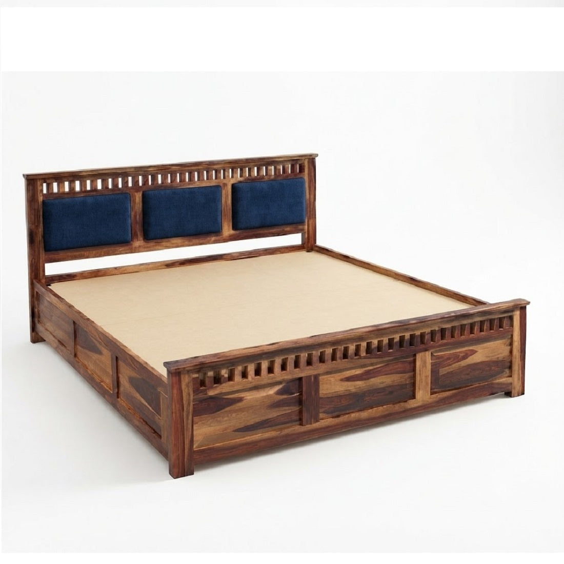 Homerange Solid Wood King Size Bed with Box Storage, Upholstered Paneled Headboard , Teak Finish , Fabric D152