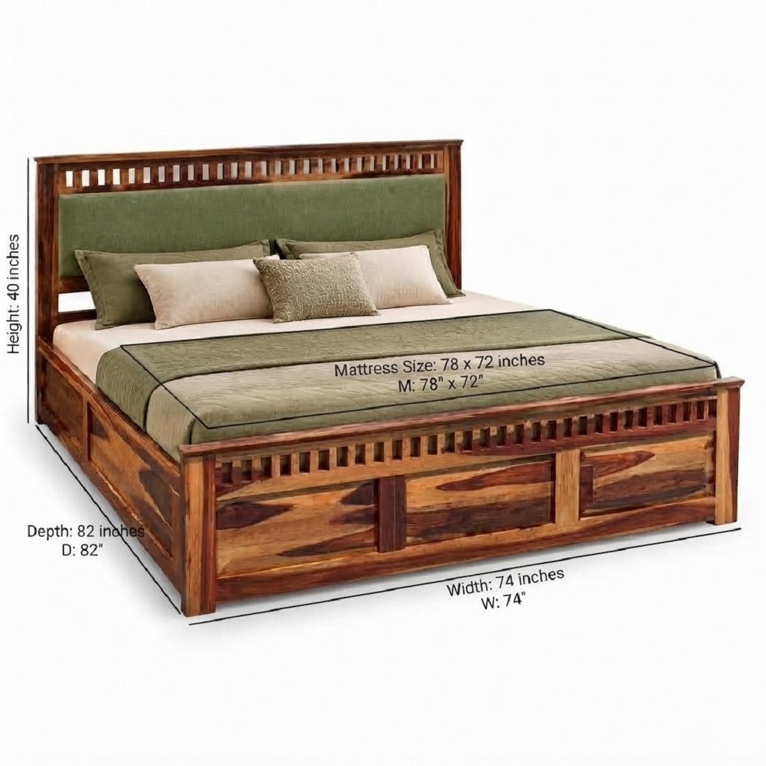 Homerange Solid Wood King Size Bed with Box Storage, Upholstered Headboard , Teak Finish , Fabric D150