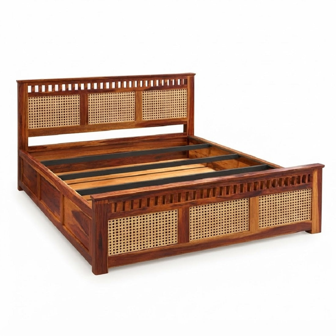 Homerange Solid Wood King Size Bed with Box Storage, Caning Design Headboard , Teak Finish