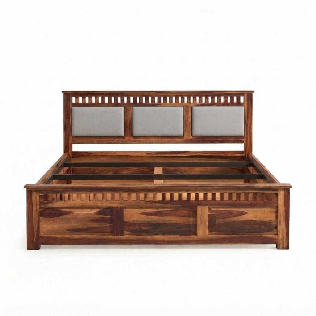 Homerange Solid Wood King Size Bed with Box Storage, Upholstered Paneled Headboard , Teak Finish , Fabric D151