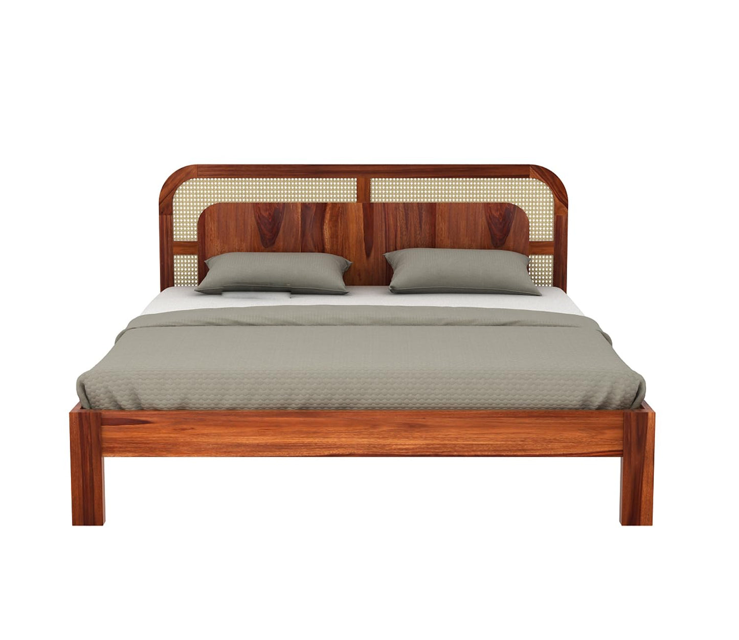 Sheesham Solid wood King Size Bed With Rattan Cane Design Headboard In Neutral Teak Finish