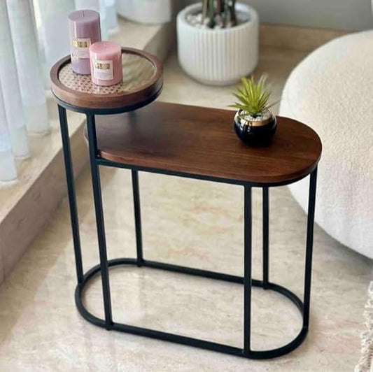 Charcoal Rattan Cane Side Table With Glass Top and Shelf – bohemian solid mango wood cane iron sofa side end two tier table office and living room