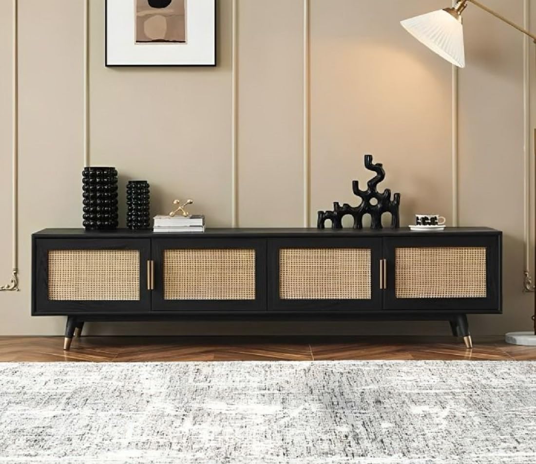 Wooden Tv Cabinet with 4 Door with Caning Design for Living Room (Black Finish)