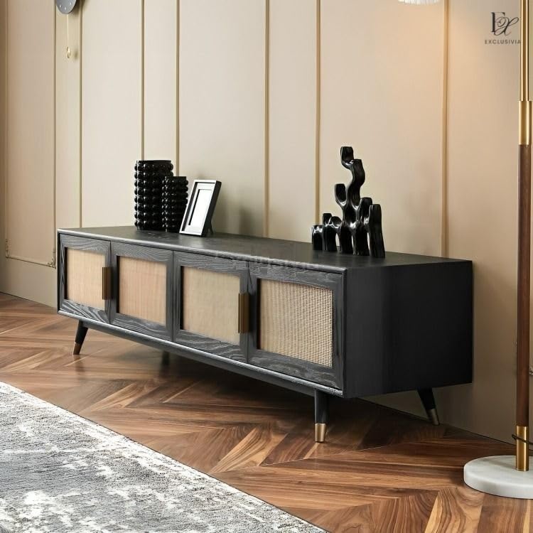 Wooden Tv Cabinet with 4 Door with Caning Design for Living Room (Black Finish)