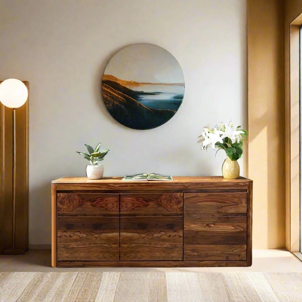 Segure Solid Wood Sheesham Wood 3 Door Sideboard In Natural Finish For Living Room Furniture