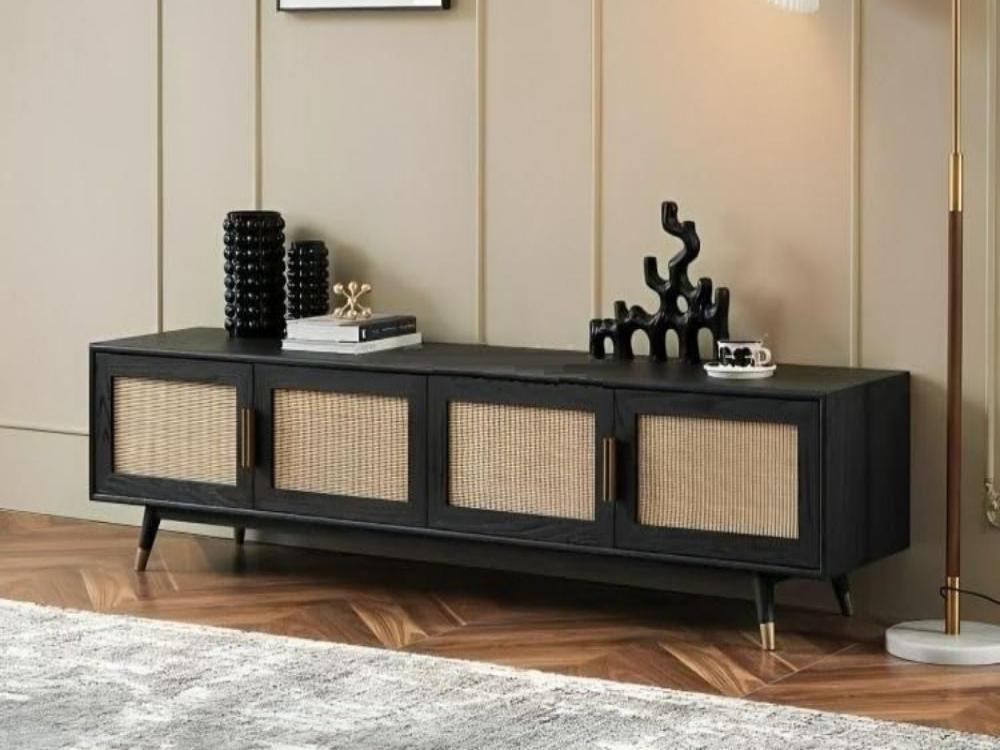 Wooden Tv Cabinet with 4 Door with Caning Design for Living Room (Black Finish)