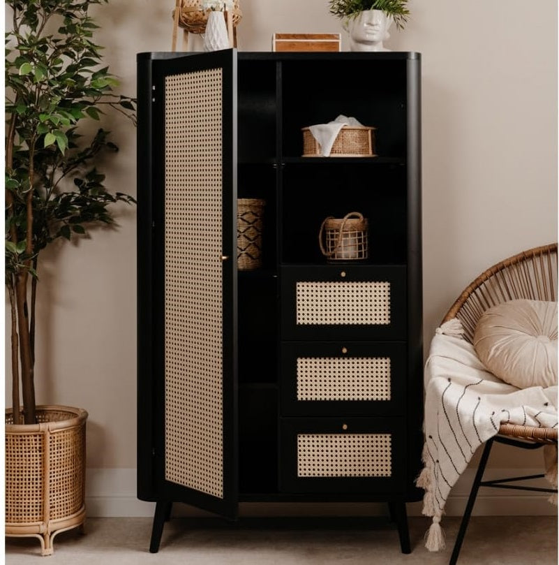 Roman Solid wood Caning Designed Wardrobe In Black Finish