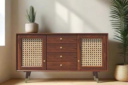 Demiwall Rattan Sideboard 2 Doors and 4 Drawers with Brown Teak Finish