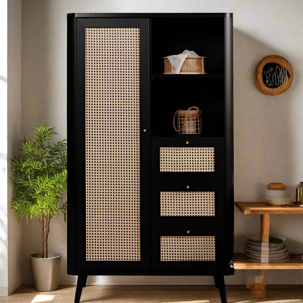 Roman Solid wood Caning Designed Wardrobe In Black Finish