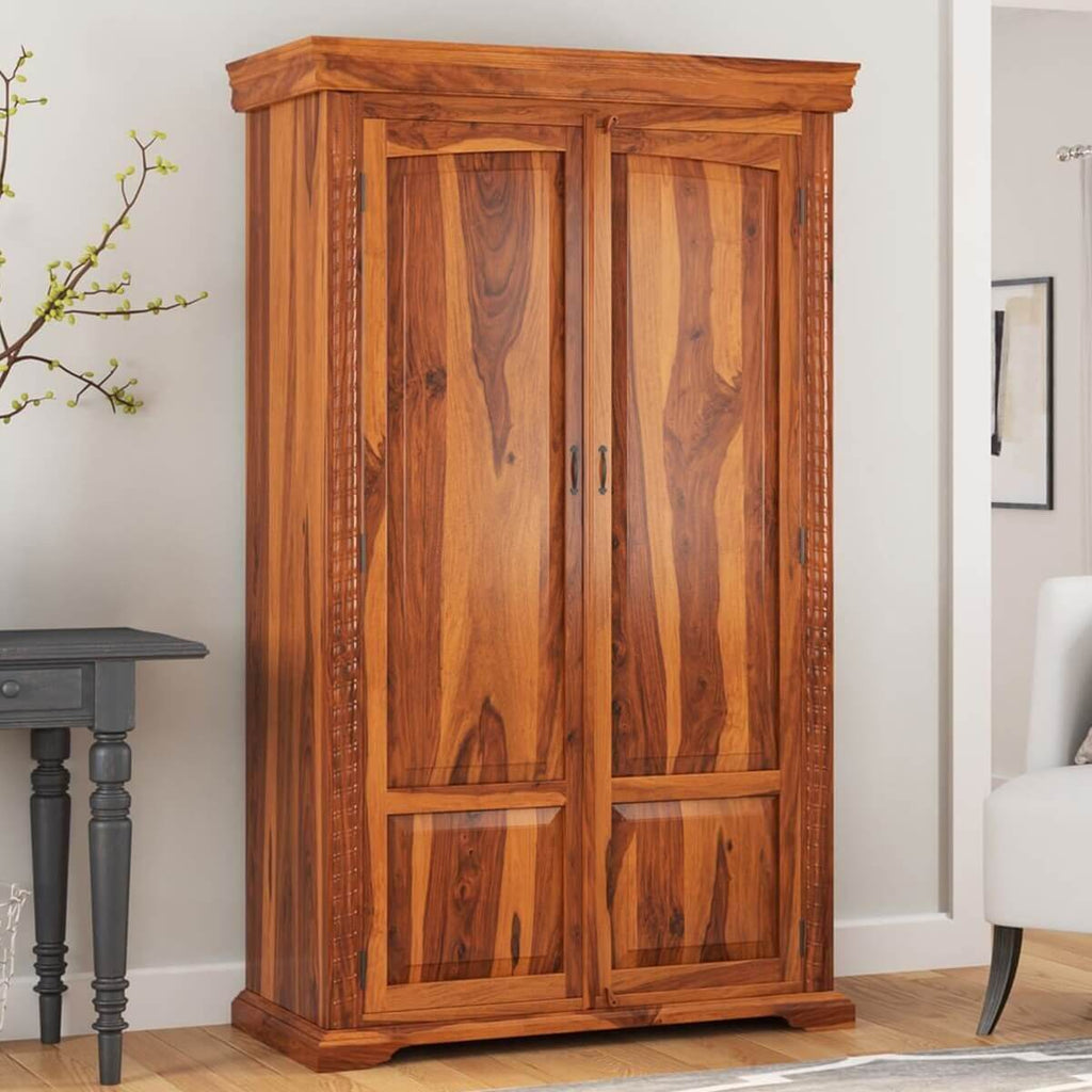Royal Palace Wardrobe Solid Sheesham Wood Two Door In Natural Finish For Bedroom Furniture