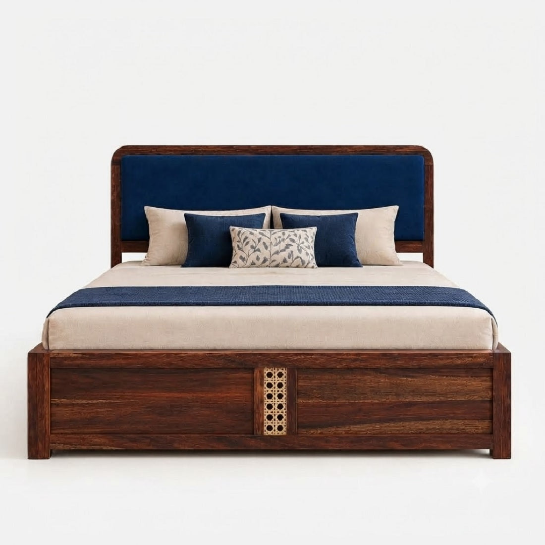 Solid Wood King Size Bed With Hydraulic Storage Upholstered Headboard Teak Finish Fabric D152